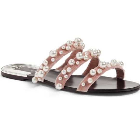 Leith Shoes - Leith pearl blush velvet slide on sandal shoe